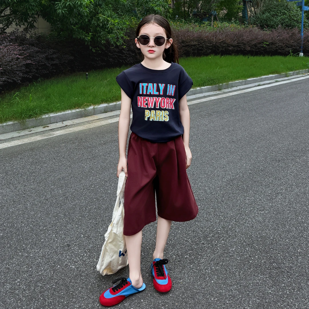 女童夏季2025新款韩版洋气时髦休闲短袖T恤宽松阔腿中裤两件套潮