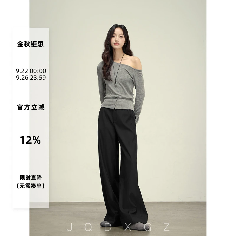 黑色休闲裤女款早秋梨形身材显瘦阔腿裤子宽松慵懒风25QK7730