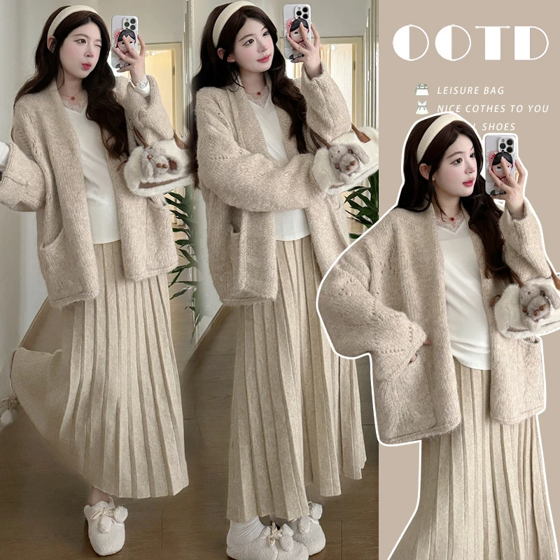 时尚孕妇秋季新款慵懒风毛衣外套蕾丝打底衫针织半身裙三件套