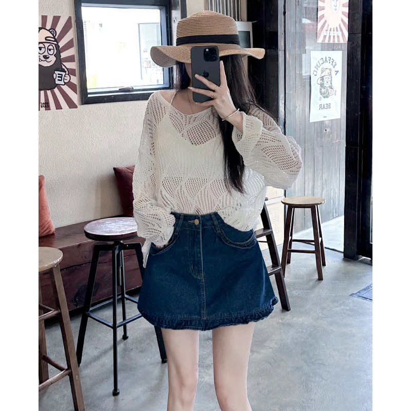 深蓝色高腰减龄牛仔短裙女秋季时尚百搭显瘦A字木耳边半身包臀裙