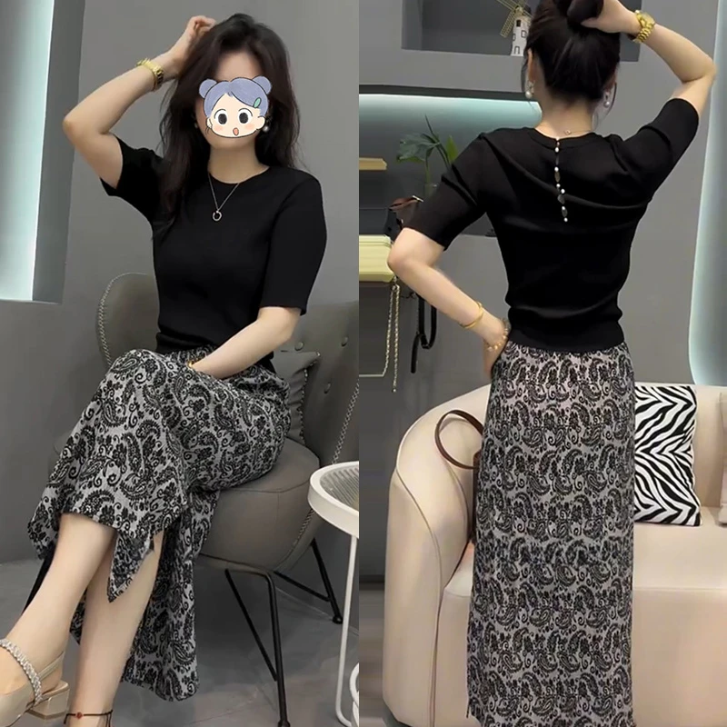 韩系印花针织衫半身裙两件套2025夏季新款漂亮轻奢风显瘦时尚套装