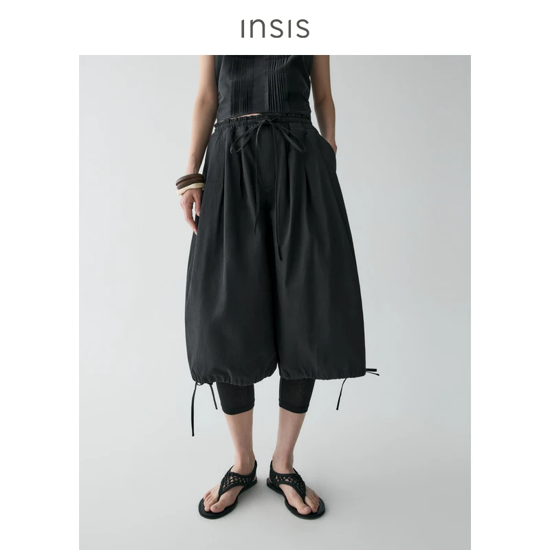 INSISFEMME亚麻棉质2025夏季新款橡筋腰抽绳脚口阔腿五分裤女