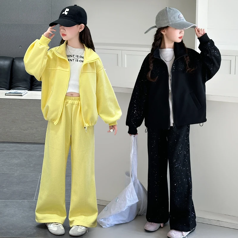 女童春季撒银运动套装2025时尚新款洋气运动卫衣外套阔腿裤套装潮
