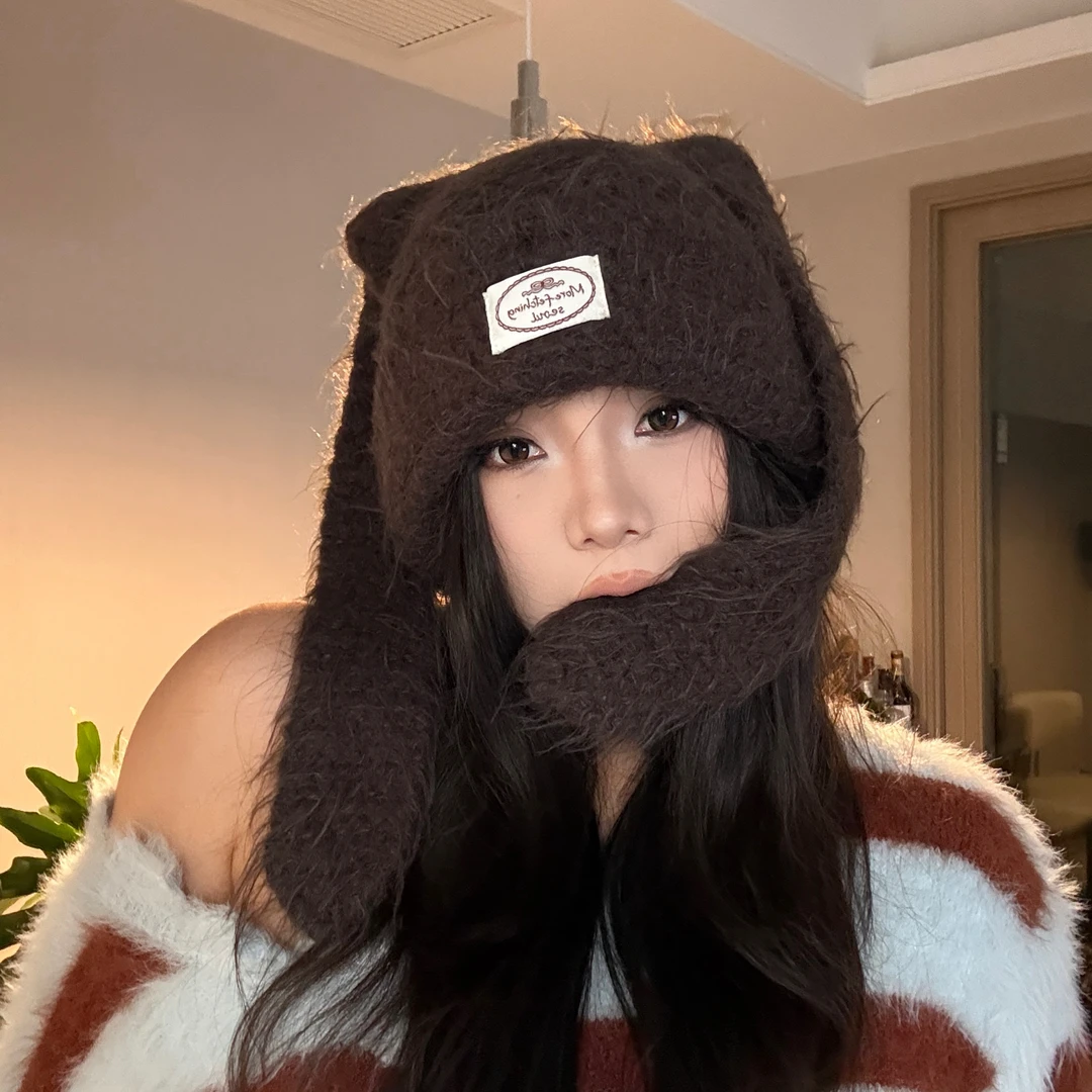 305秋冬保暖可爱垂耳兔毛线帽针织帽一帽三戴网红ins风韩版加厚