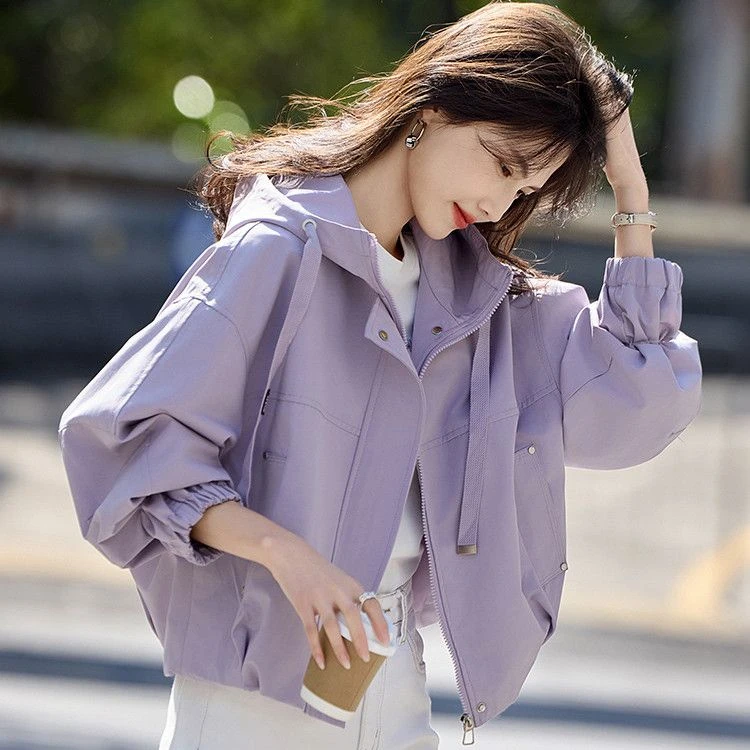 短款连帽通勤外套女2025年新款春秋款小个子宽松休闲夹克上衣