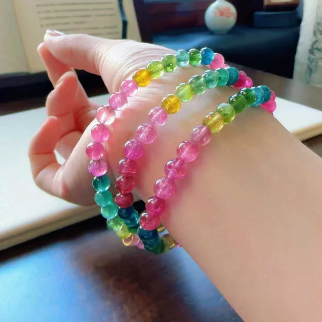 天然真品彩虹碧玺手串三圈5.7mm29.5g正品简约碧玺多圈手链女