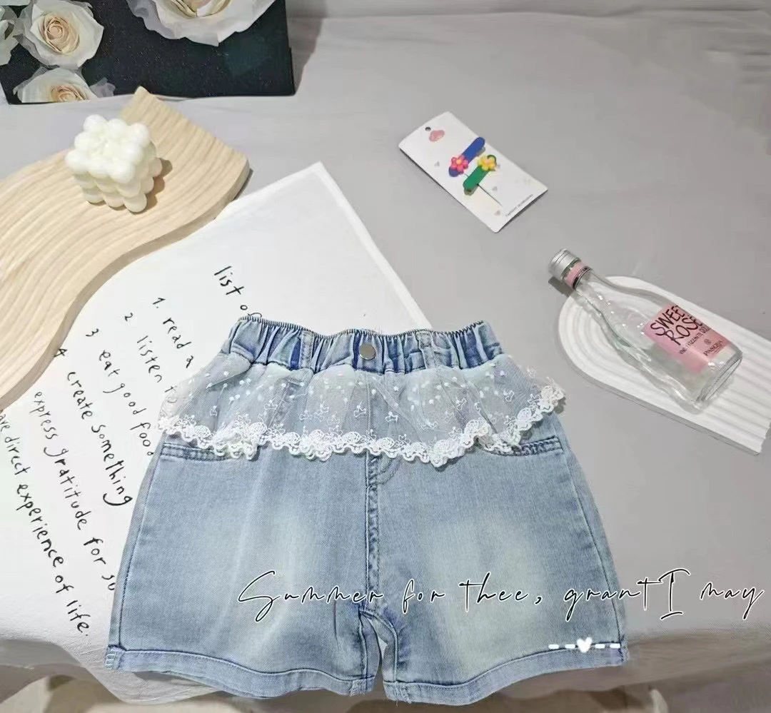 女小童裤子2025夏季新款洋气女宝蕾丝拼接牛仔短裤女孩百搭打底裤