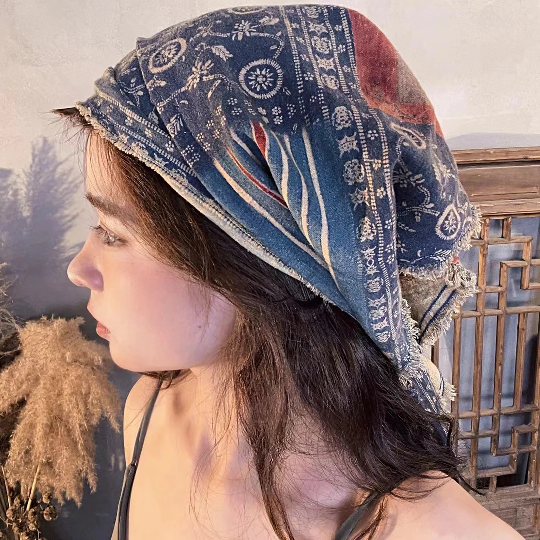 M817印花水洗做旧亚麻三角巾围巾头巾时尚百搭复古民族风