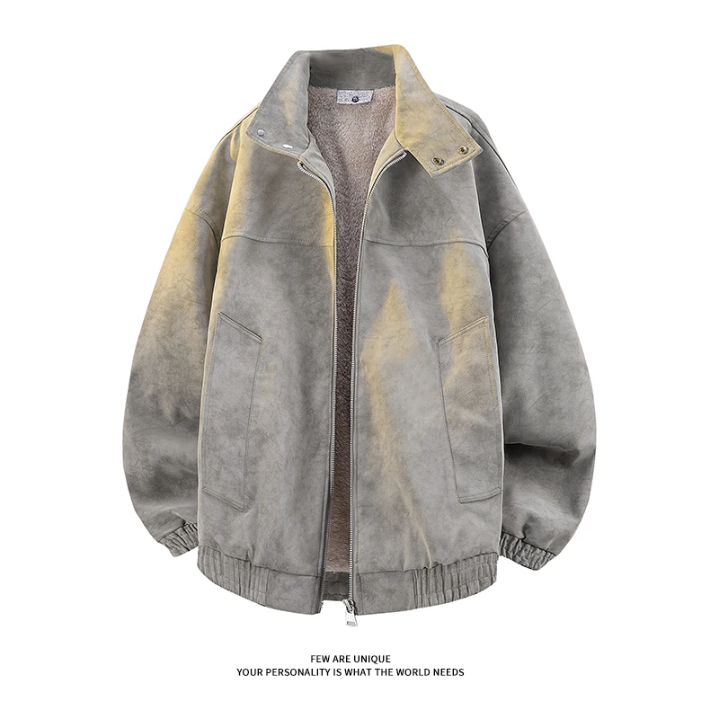 美式复古扎染皮衣夹克男秋冬季加绒保暖痞帅立领棉服情侣机车外套