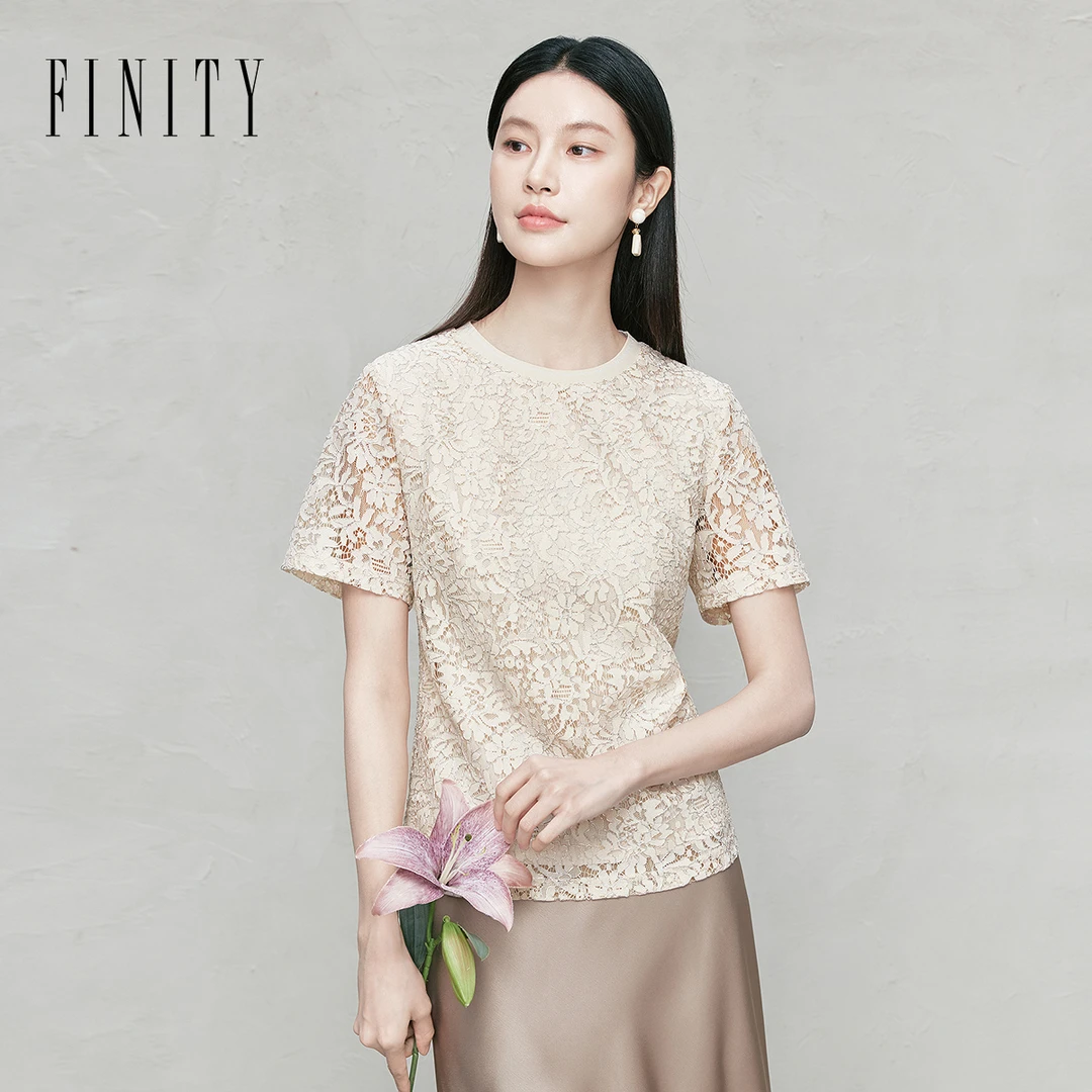 FINITY蕾丝碎花气质时尚夏季镂空印花圆领雪纺衫百搭复古春夏宽松