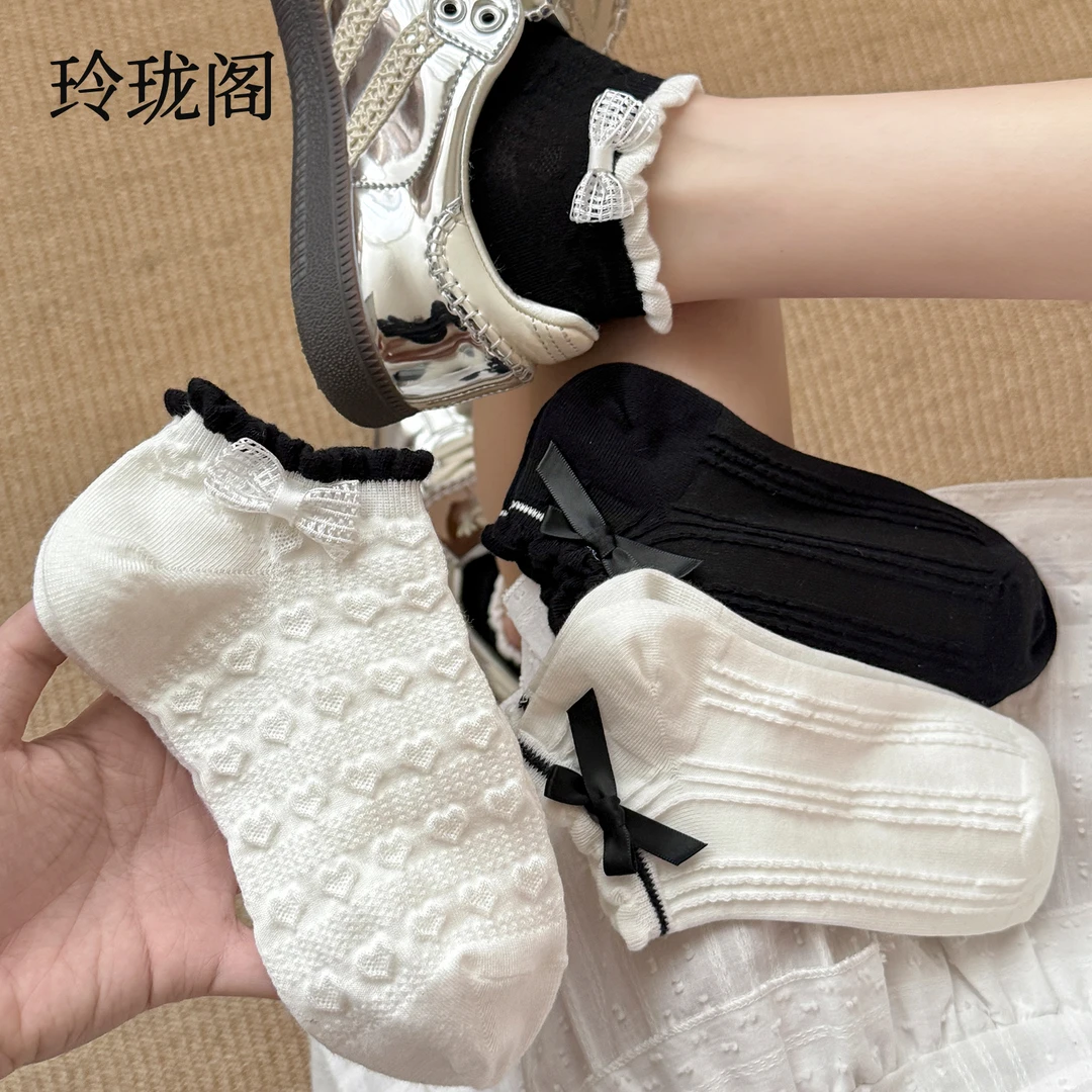 蝴蝶结花边短袜子女款秋季ins日系白色可爱中筒袜透气无骨短筒袜