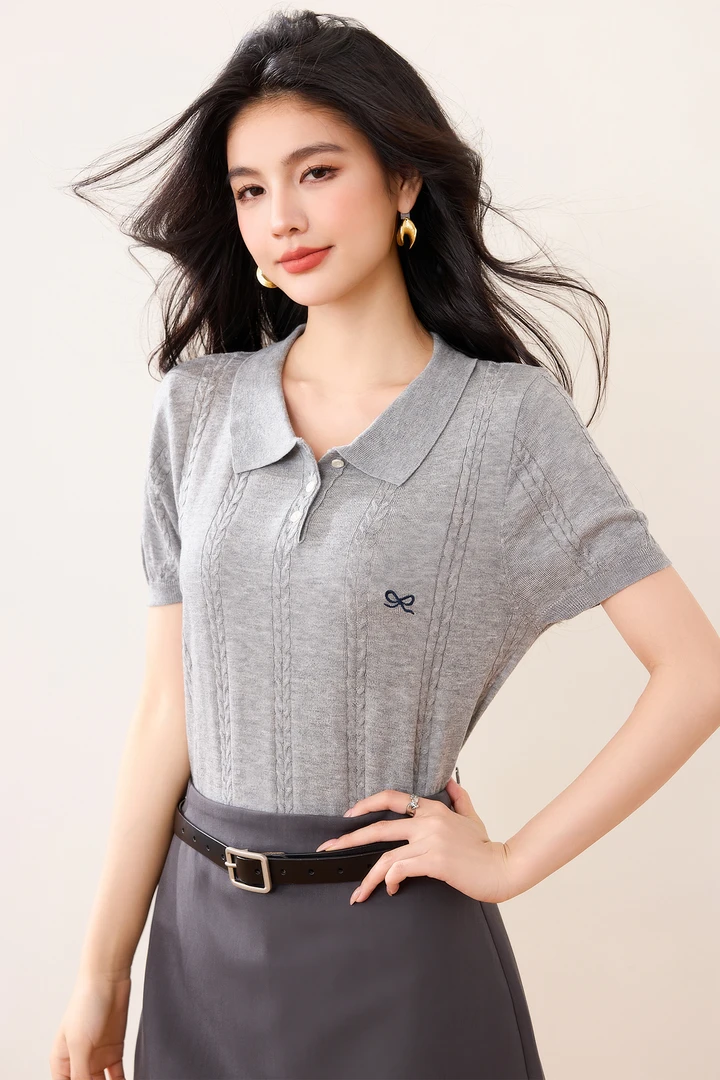 气质休闲复古短袖针织衫2025夏季蝴蝶结刺绣韩版T恤polo衫女上衣