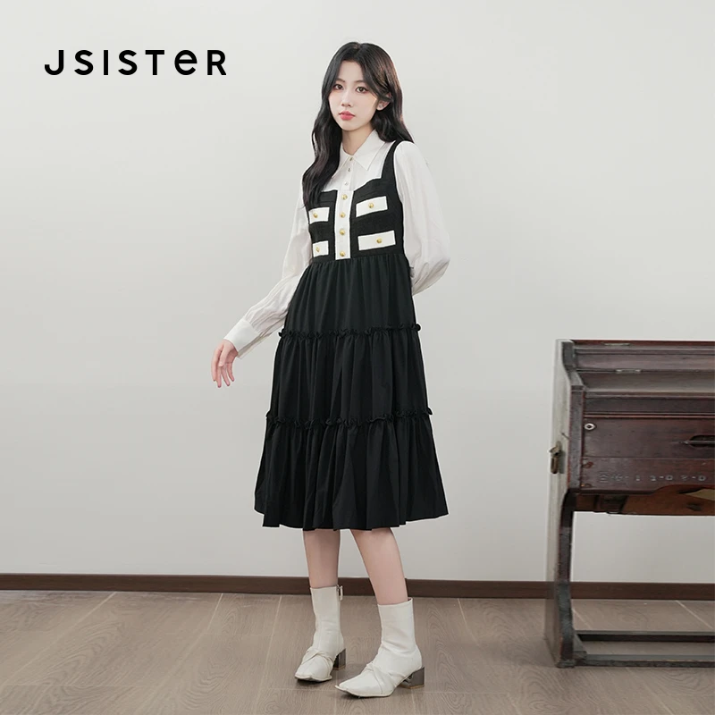 1147【李易行】jsister 女装时尚黑米拼接设计感长袖衬衫连衣裙