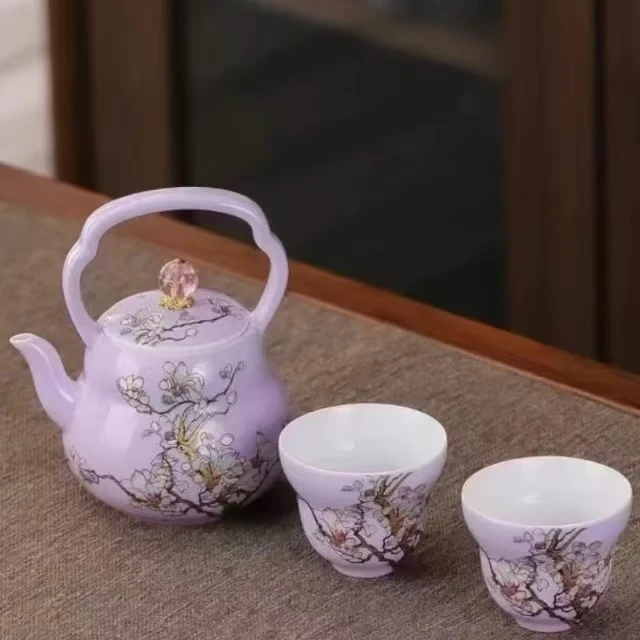 ZH2482-紫地牡丹珐琅彩一壶两杯YCT+木茶盘+紫色茶席