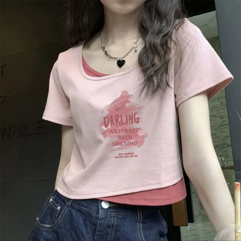 假两件设计感方领短袖T恤女短款夏季2025新款正肩小个子修身上衣
