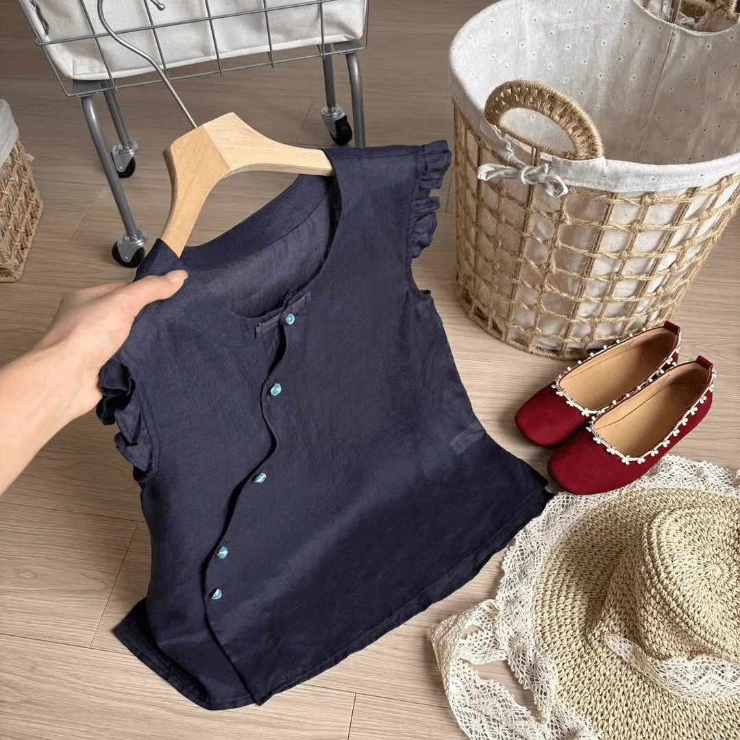 夏款韩版时尚圆领斜襟小飞袖衬衫女2025年复古纯色设计感通勤上衣