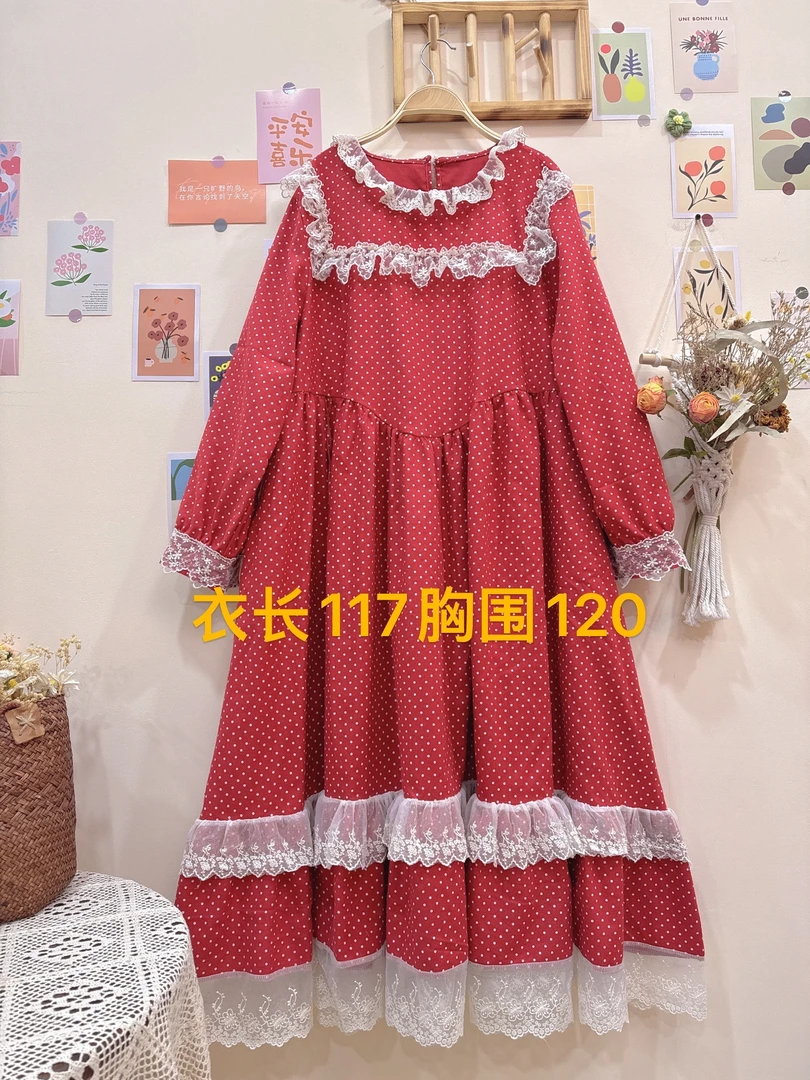 《米粒》63216宫廷风波点圆领拼蕾丝花边可收腰宽松百搭减龄连衣裙