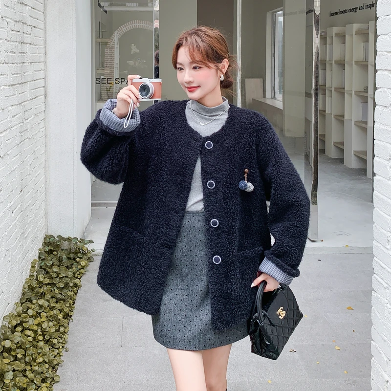 韩系黑色颗粒绒皮毛一体羊 羔毛外套女秋冬2025新款独特气质棉服