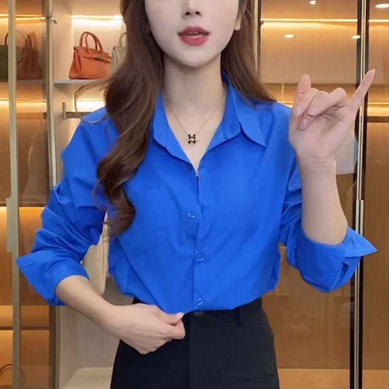 女士克莱因蓝衬衫春季新款轻奢洋气减龄别致职业高级感衬衣上衣