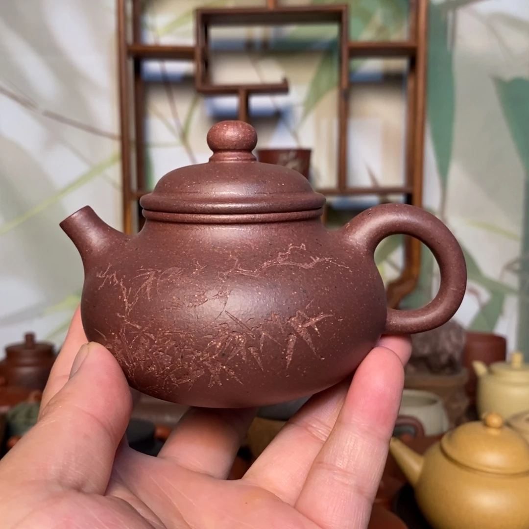 茶壶紫砂四号井底槽清刻鸟容天210cc