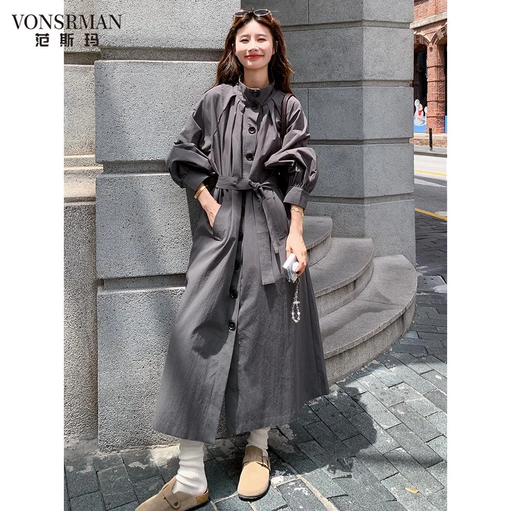 复古氛围立领压褶腰带风衣外套女2025春秋季新款显瘦气质长款外套