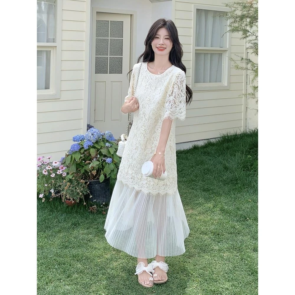 高级感网纱拼接刺绣睫毛蕾丝连衣裙女2025夏季米白色千金感长裙子