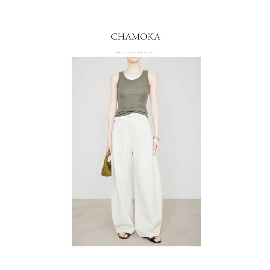 【夏莫卡】春季重磅轻奢小众时尚洋气百搭显瘦弧形豆腐裤K7869