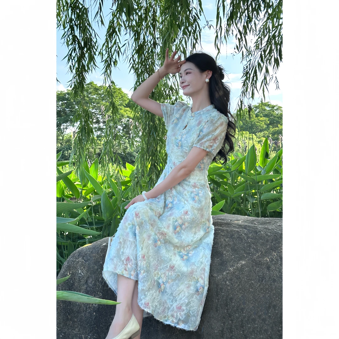 【WY】旗开得胜- 新款夏季茶歇新中式改良旗袍碎花连衣裙