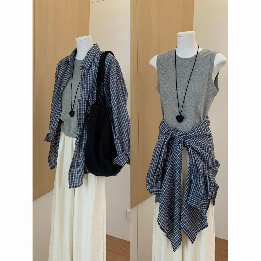 两件套新款上衣女简约休闲百搭背心叠穿韩版复古宽松长袖格子衬衫