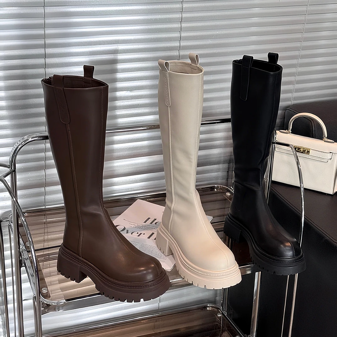 【平口厚底靴】商场款平口骑士靴显腿瘦厚底小个子高端秋冬