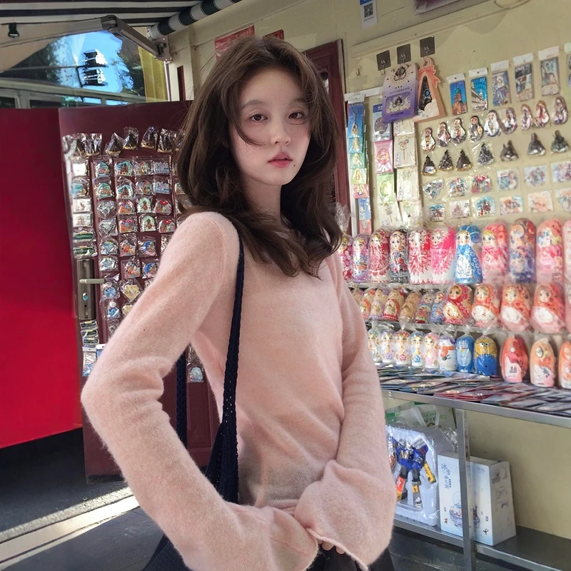 法式小资粉色喇叭袖马海毛针织衫女早秋季单穿慵懒松弛感软糯上衣