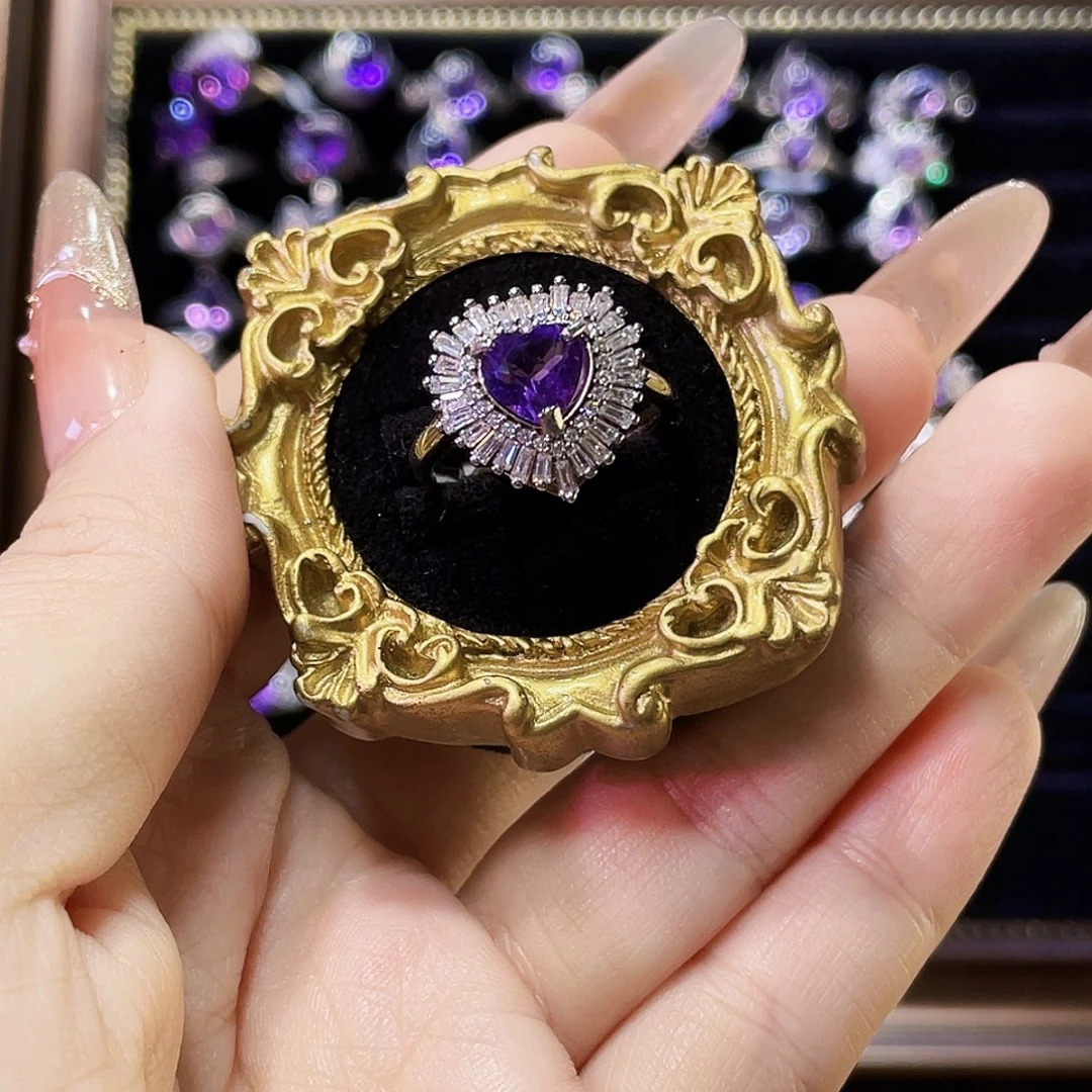 925银紫爱心放射银戒指