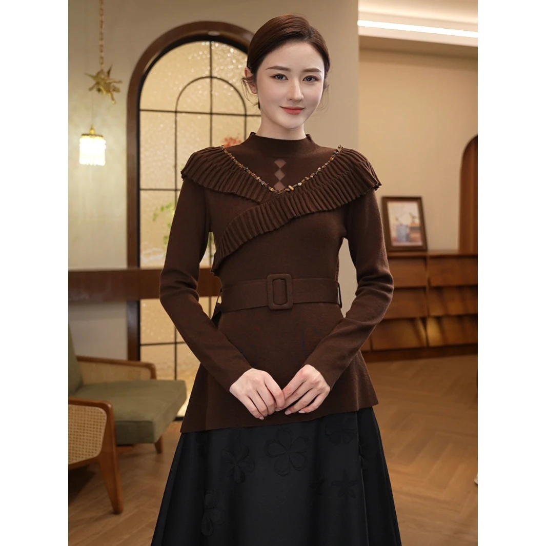 2025秋冬新款【QQ-1304JR】配腰带含绵羊毛洋气棕色针织衫串珠毛衣