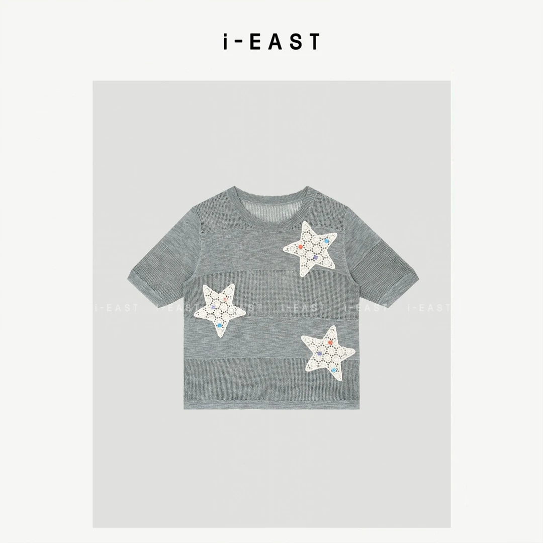 i-EAST 海派甜星~手工钩花五角星针织短袖-5X SY8653