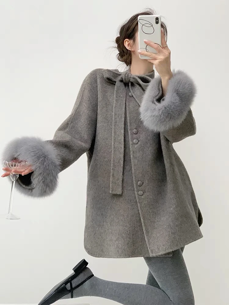 高奢气质款双面羊毛蝴蝶结领可拆卸狐狸袖毛