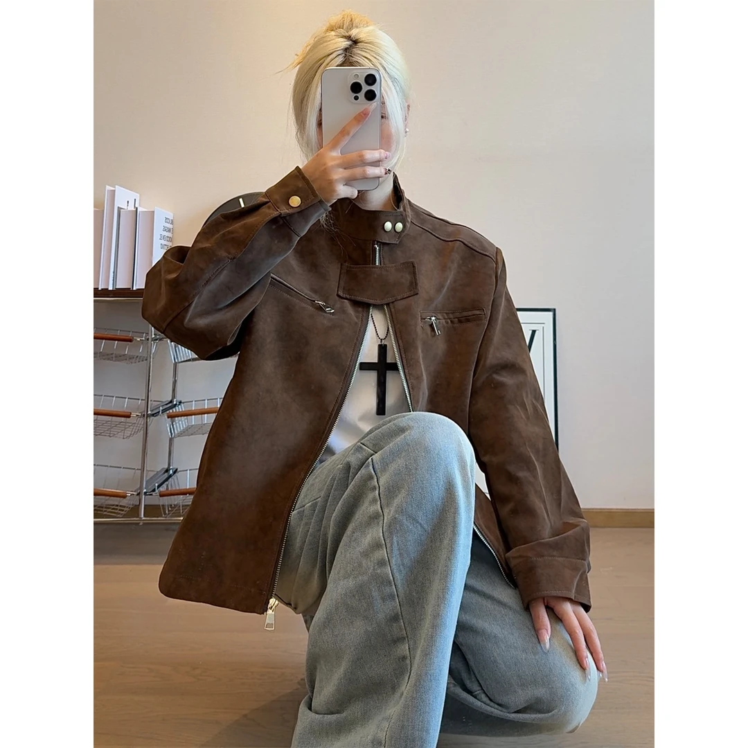 美式复古短款宽松立领机车皮衣外套男春季休闲设计感帅气PU皮夹克