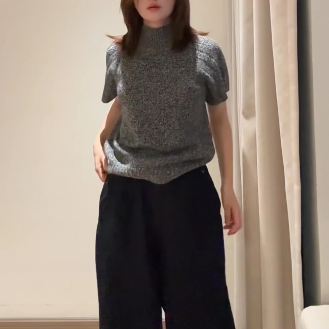 秋季短袖薄款街头风圆领毛针织衫百搭半高领休闲