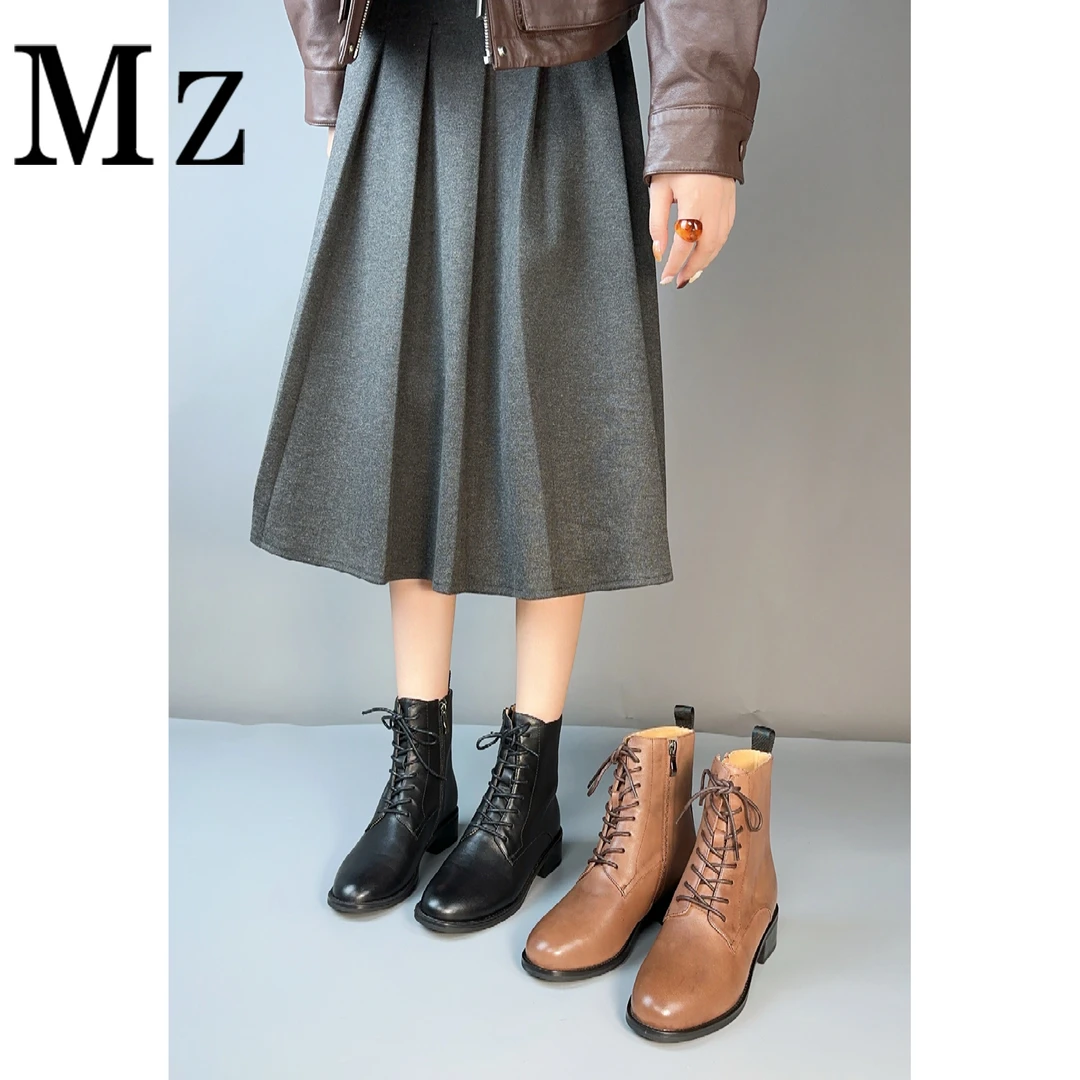 Mr.Zheng/3.5cm/头层水洗牛皮/复古百搭真皮短靴系带马丁靴女
