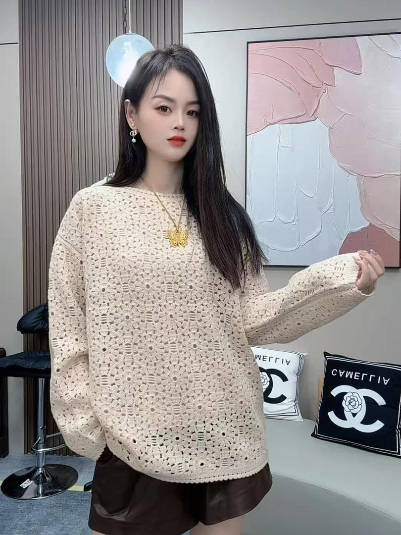 【卡诗米羊绒】DX-704纯色重工钩花山羊绒100%轻奢女款宽松上衣