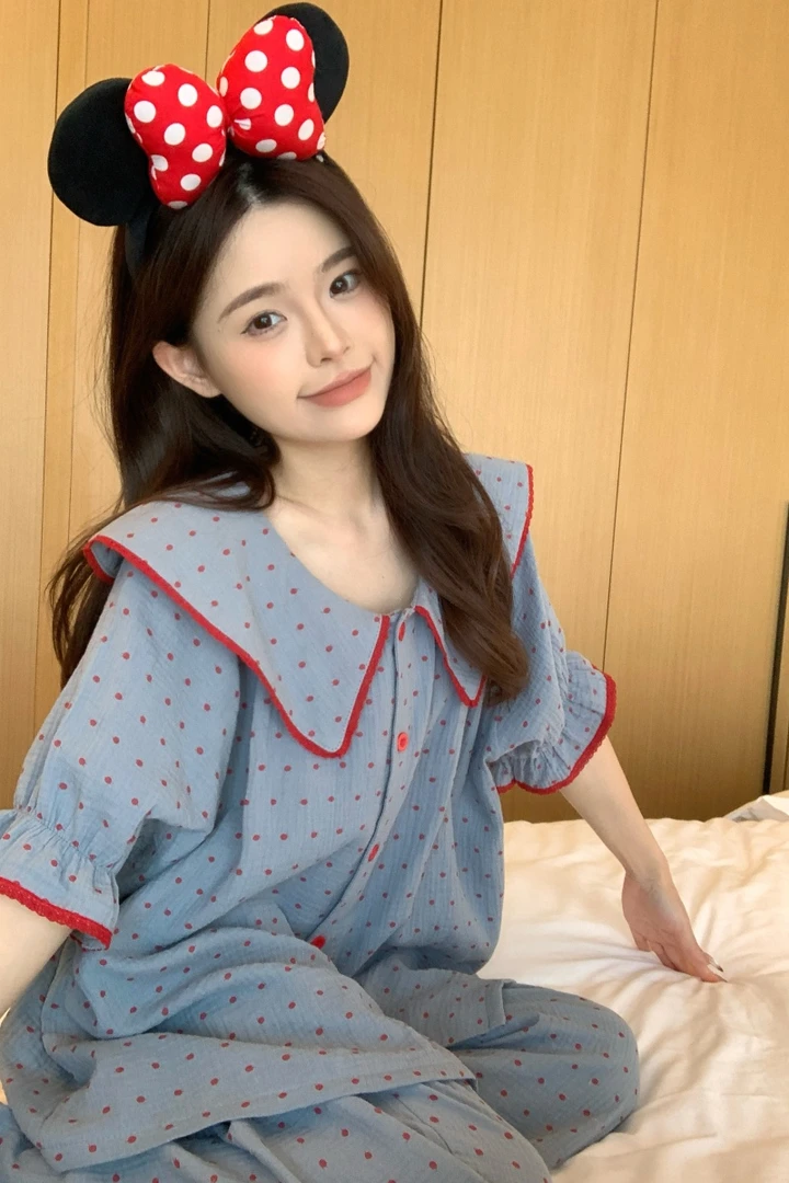 韩国ins甜美波点大翻领纯棉睡衣女春夏季短袖长裤宽松休闲家居服