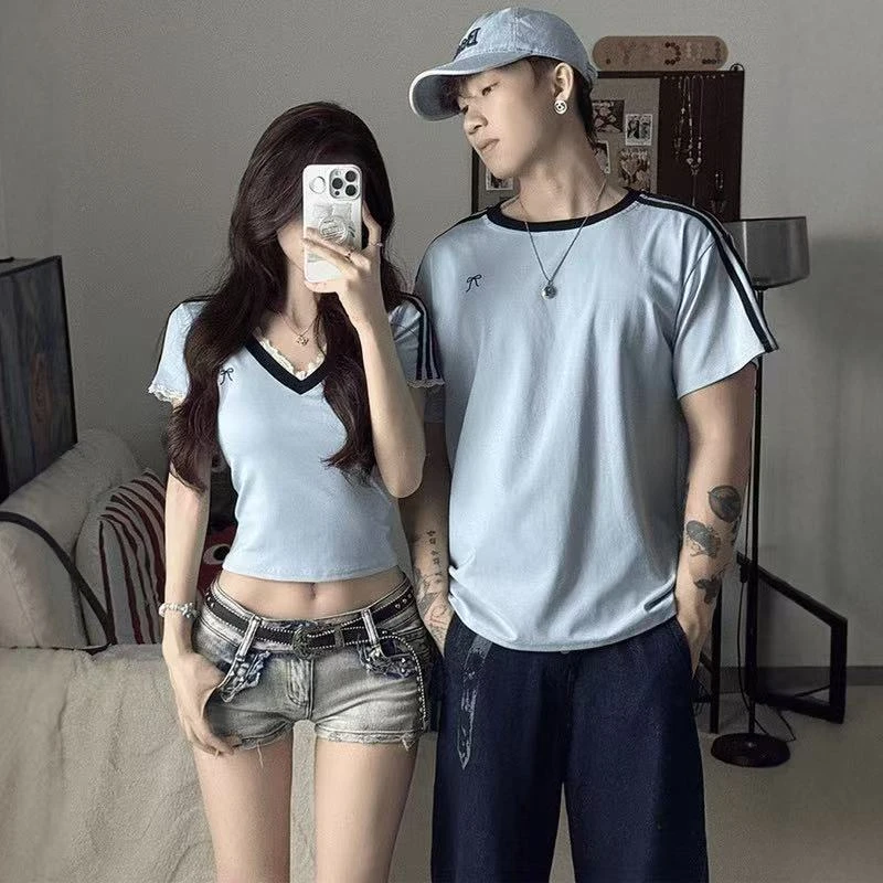情侣装夏天款一男一女时尚韩版蕾丝花边网红款甜美男女短袖t恤潮