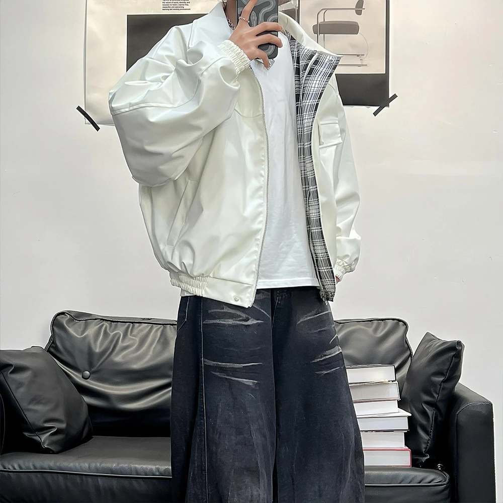 美式复古翻领拉链皮衣双面穿夹克高街潮牌宽松百搭休闲外套情侣款