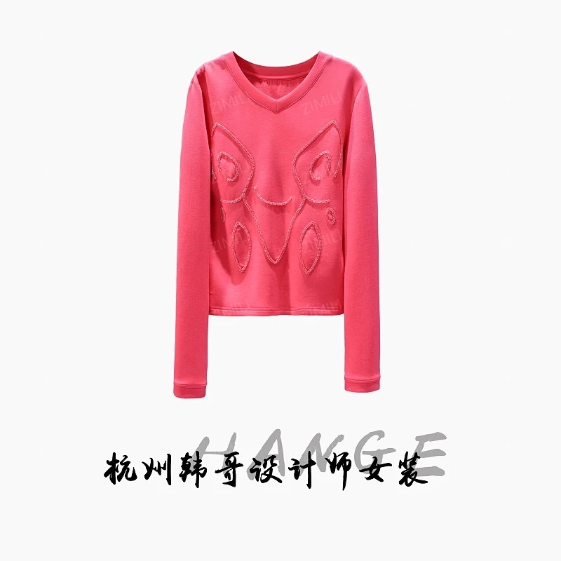 【韩哥女装】2025秋冬新品《石榴》海棠红钉珠高弹打底上衣6275-E9