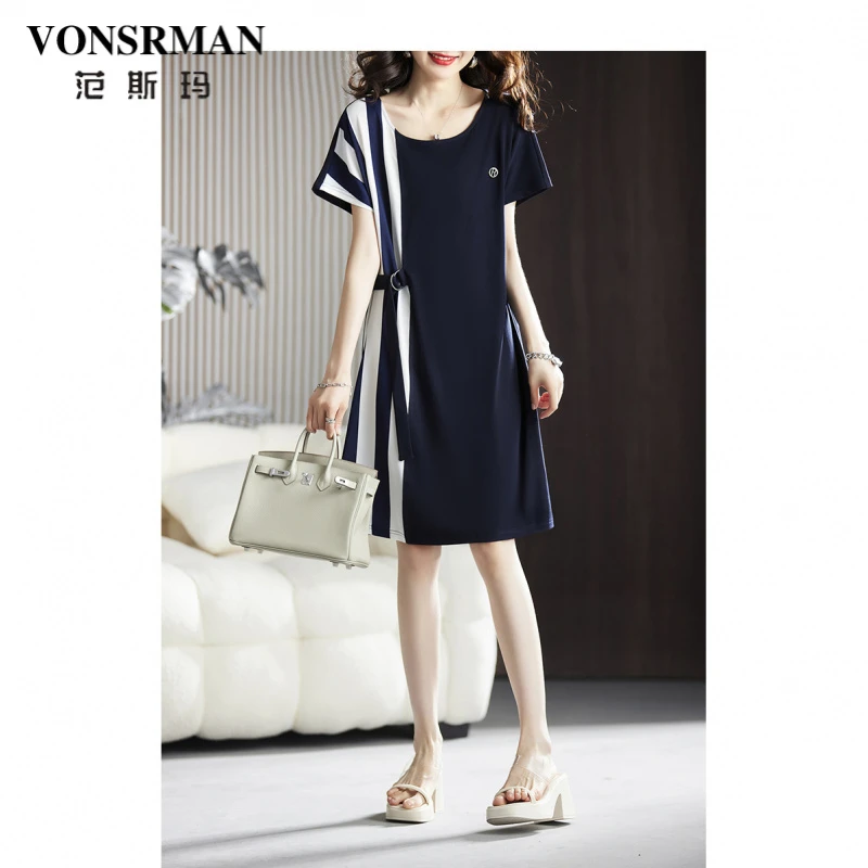 拼接撞色连衣裙高端条纹女2025年新款大码中裙夏季圆领女装显瘦潮