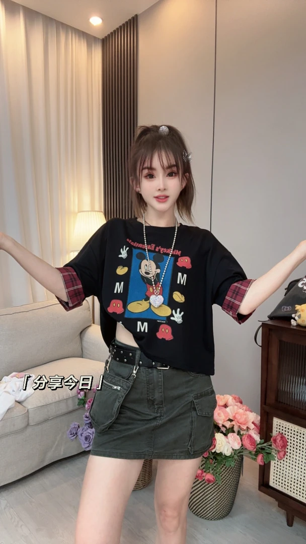【王小小9511】米奇韩版时尚休闲百搭卡通印花短款短袖T恤女