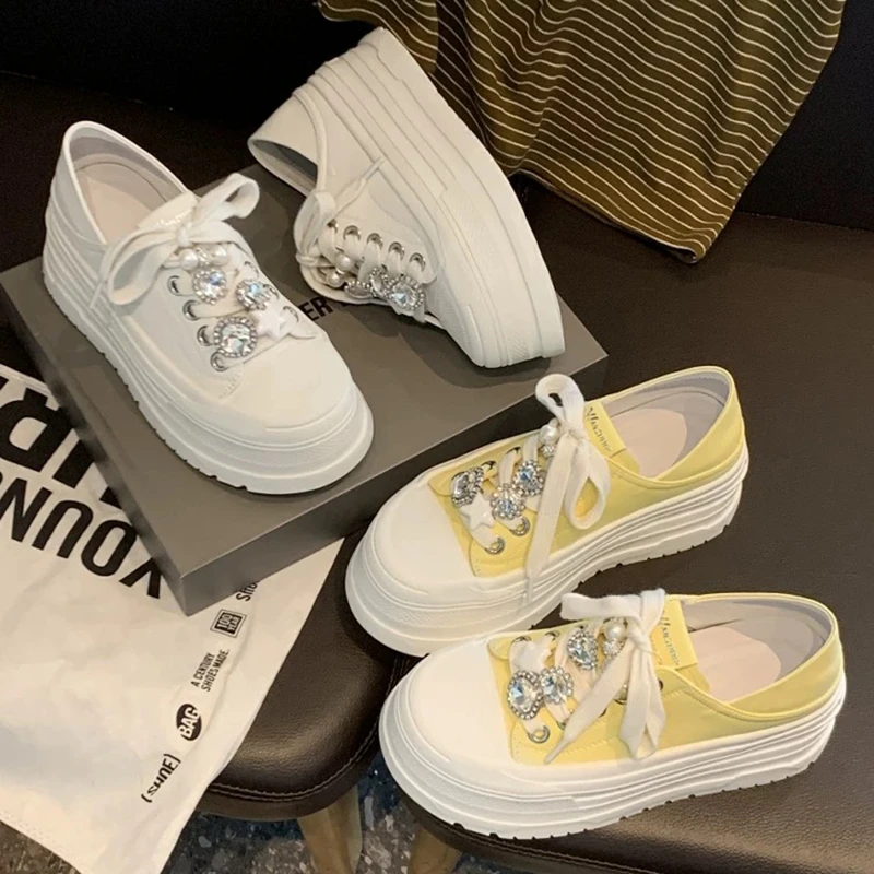 2025春秋夏季新款水钻高级感厚底松糕鞋时尚休闲踩后跟两穿小白鞋