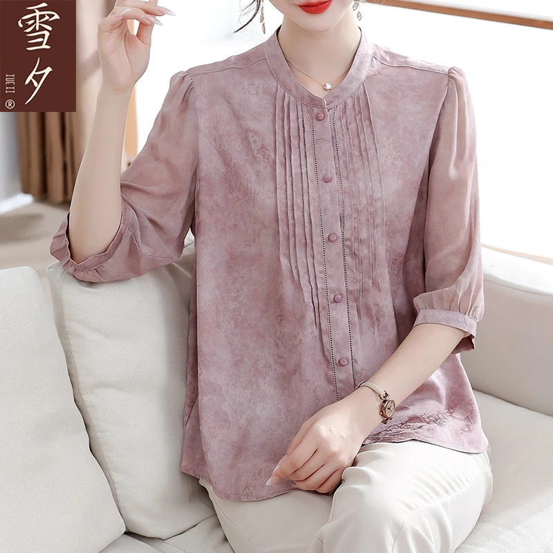 雪夕新中式妈妈夏装衬衫时尚中老年夏季宽松显瘦丝缎衫短袖上衣