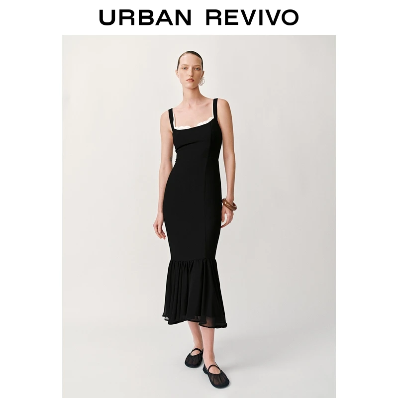 UR2025夏季新款女法式拼接蕾丝修身鱼尾吊带连衣裙UWG750138