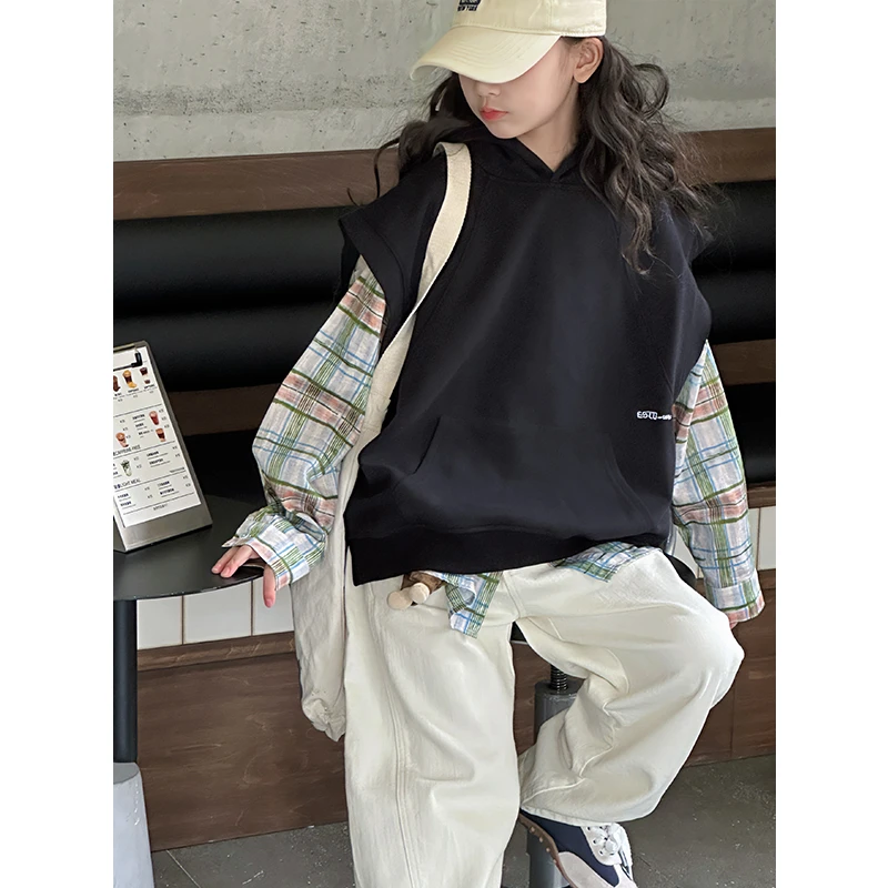 k24733女童春装马甲2025新款儿童连帽上衣女大童春秋外穿马夹