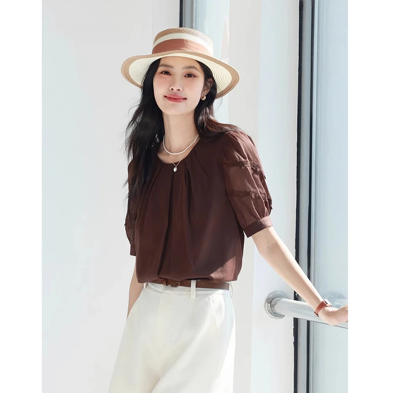 拼接抽褶设计不规则时尚短袖衬衫女2025夏季新款小上衣1G4921711